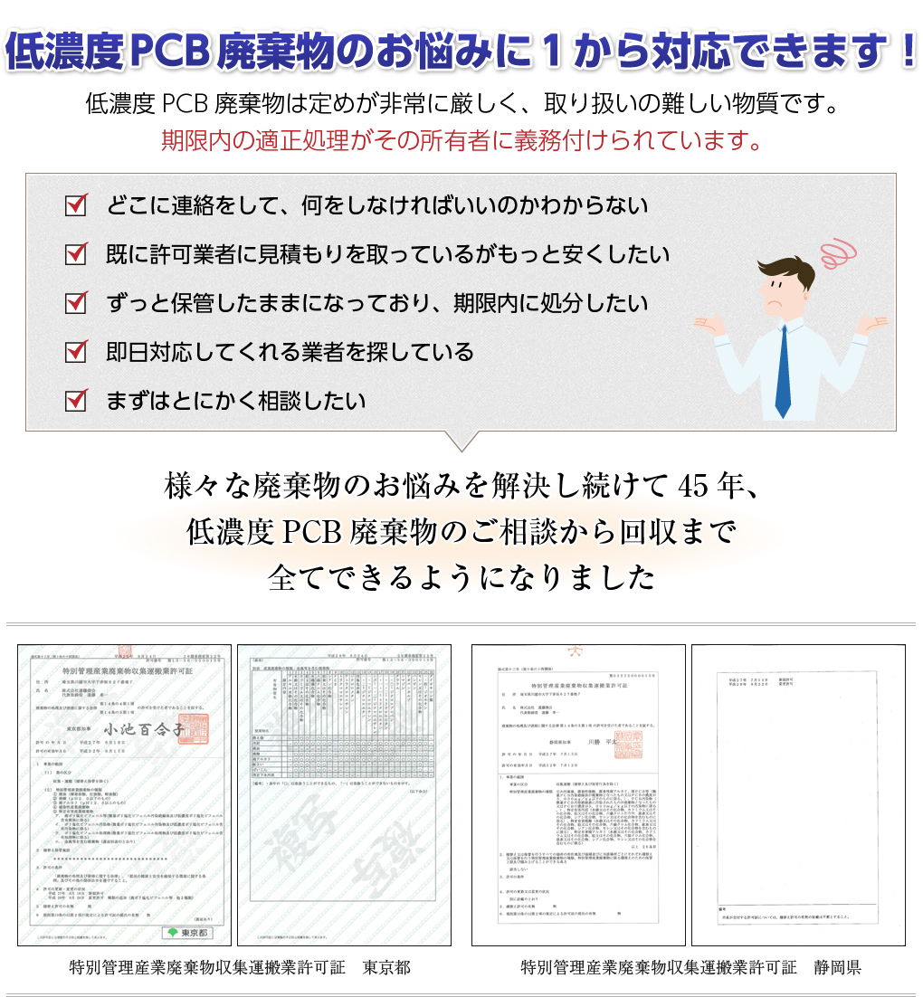 低濃度PCB廃棄物のお悩みに１から対応できます！