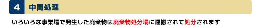 中間処理：いろいろな事業場で発生した廃棄物は廃棄物処分場に運搬されて処分されます