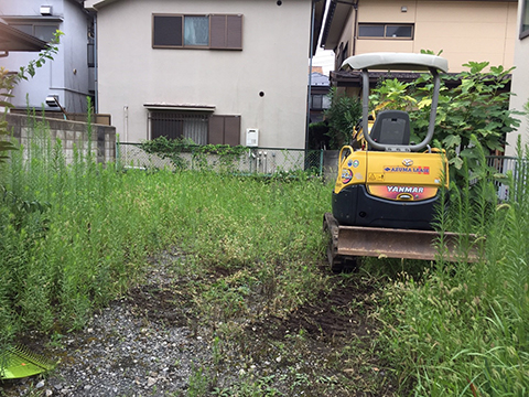 重機を使って根元から掘り起こします